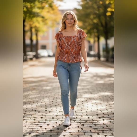 Anthropologie Tops - Anthropologie Junior women's crop top M coral and blue ruffle top w tied up side